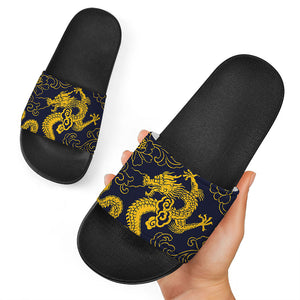 Gold Japanese Dragon Pattern Print Black Slide Sandals