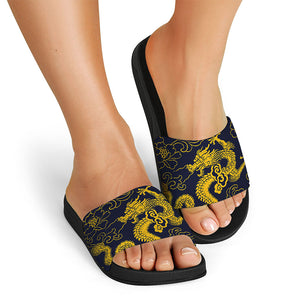 Gold Japanese Dragon Pattern Print Black Slide Sandals