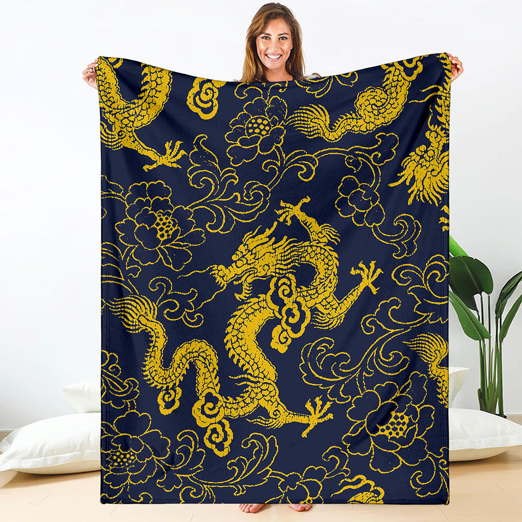 Gold Japanese Dragon Pattern Print Blanket