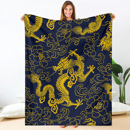 Gold Japanese Dragon Pattern Print Blanket