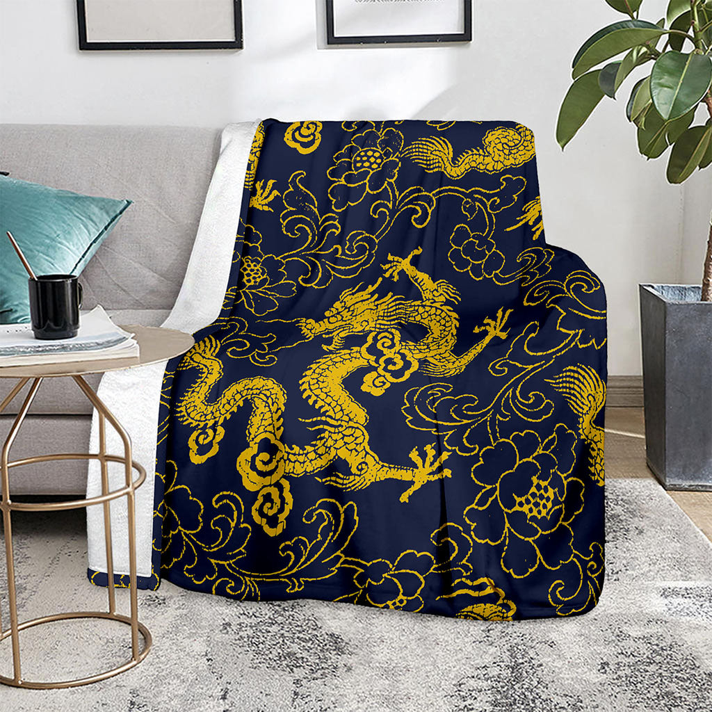 Gold Japanese Dragon Pattern Print Blanket