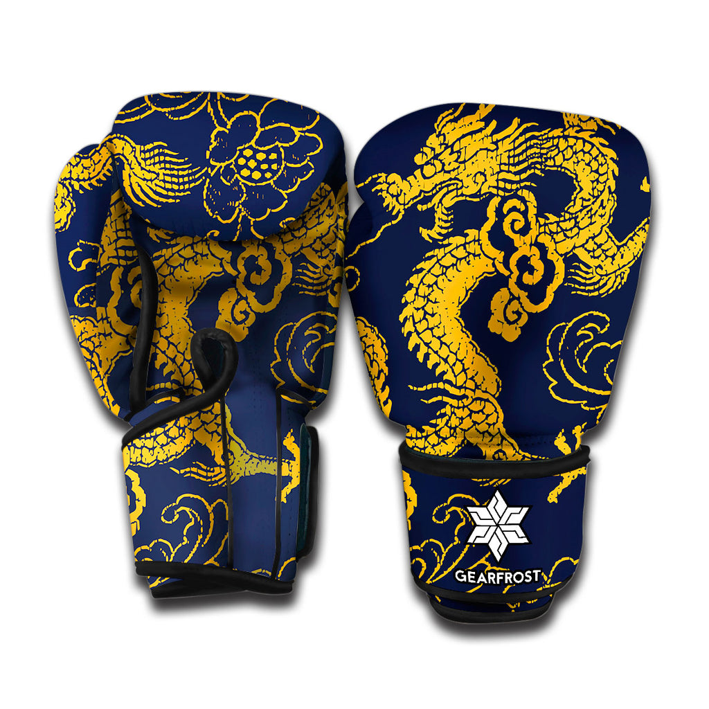 Gold Japanese Dragon Pattern Print Boxing Gloves