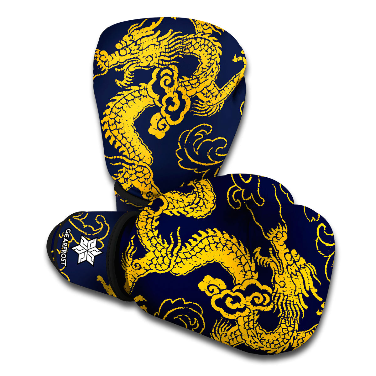 Gold Japanese Dragon Pattern Print Boxing Gloves