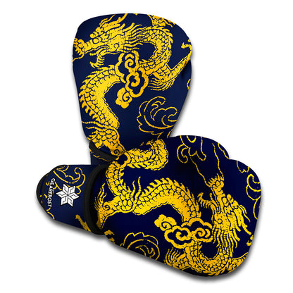 Gold Japanese Dragon Pattern Print Boxing Gloves