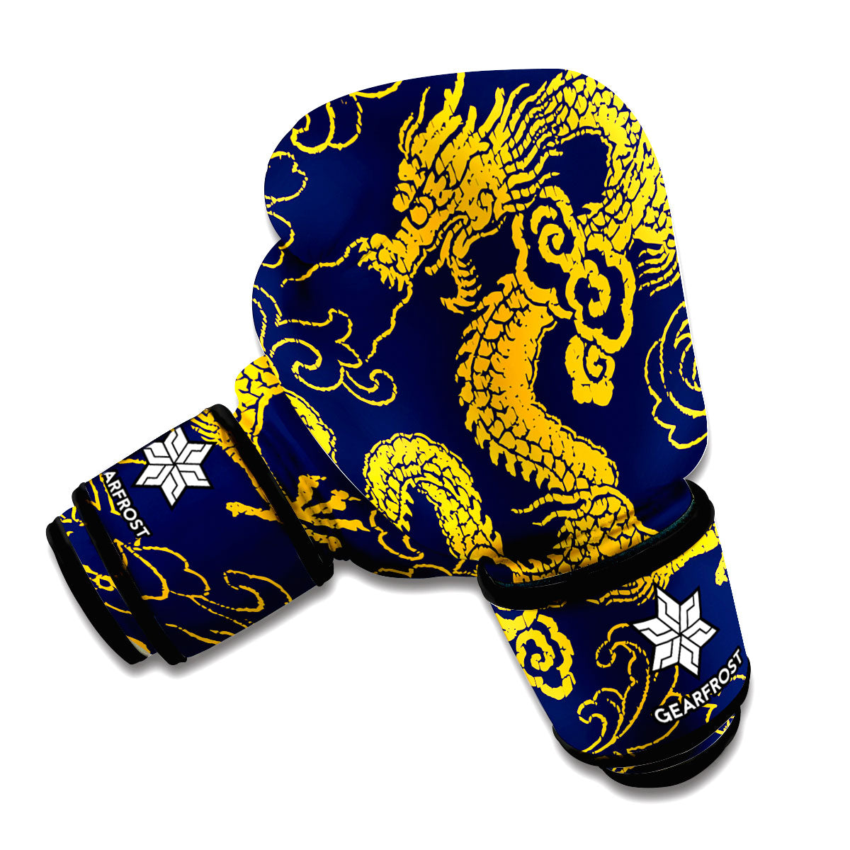 Gold Japanese Dragon Pattern Print Boxing Gloves