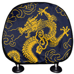 Gold Japanese Dragon Pattern Print Car Headrest Covers