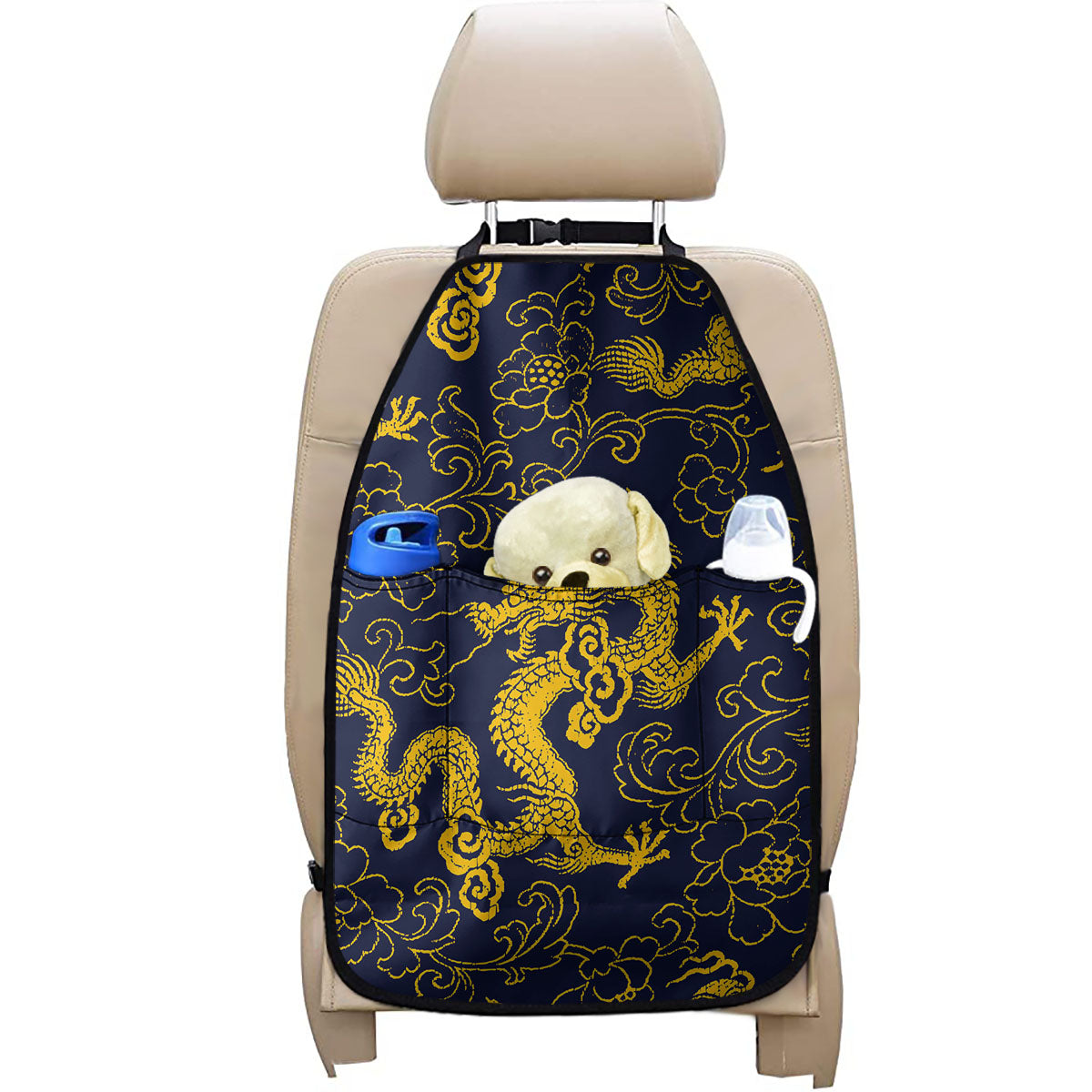 Gold Japanese Dragon Pattern Print Car Seat Organizers