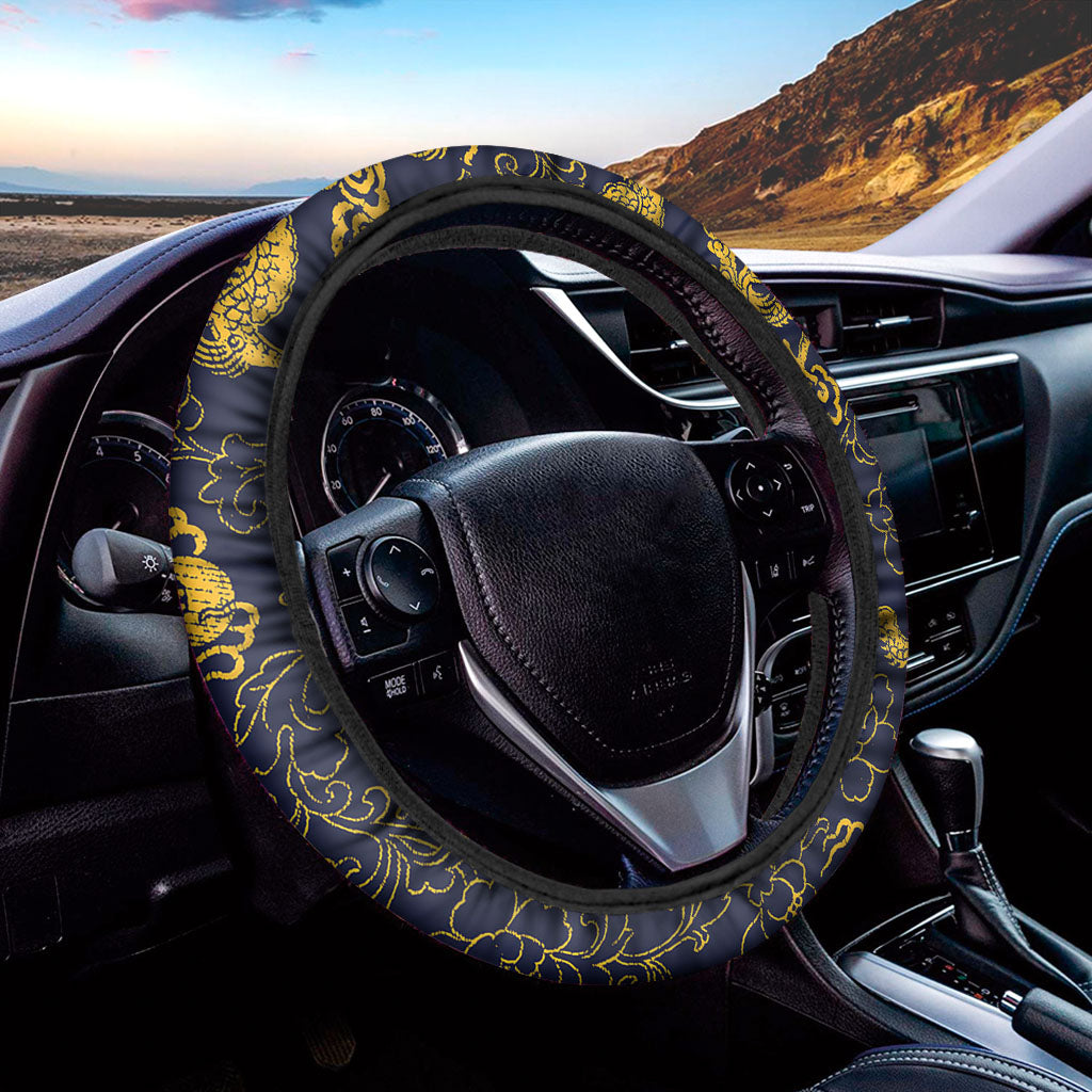 Gold Japanese Dragon Pattern Print Car Steering Wheel Cover