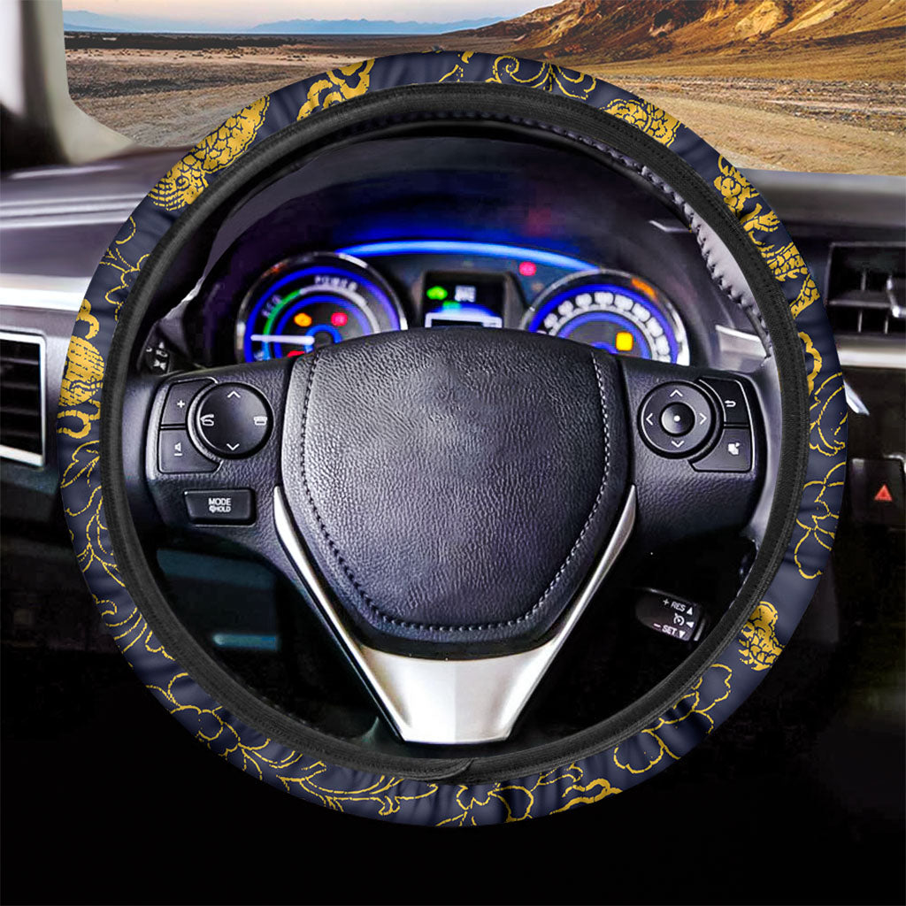 Gold Japanese Dragon Pattern Print Car Steering Wheel Cover