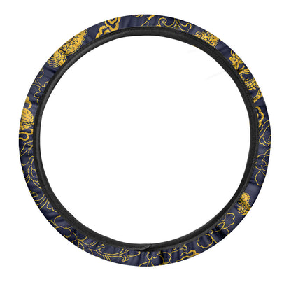 Gold Japanese Dragon Pattern Print Car Steering Wheel Cover