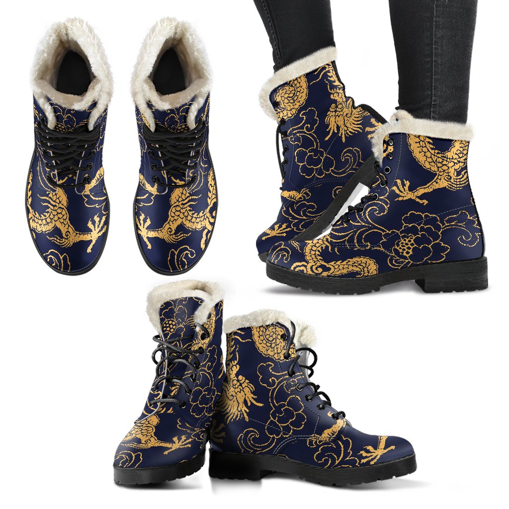 Gold Japanese Dragon Pattern Print Comfy Boots GearFrost