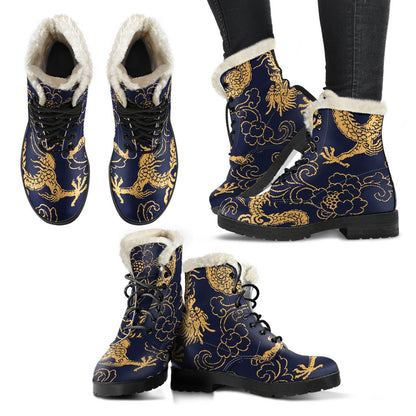 Gold Japanese Dragon Pattern Print Comfy Boots GearFrost