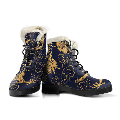 Gold Japanese Dragon Pattern Print Comfy Boots GearFrost