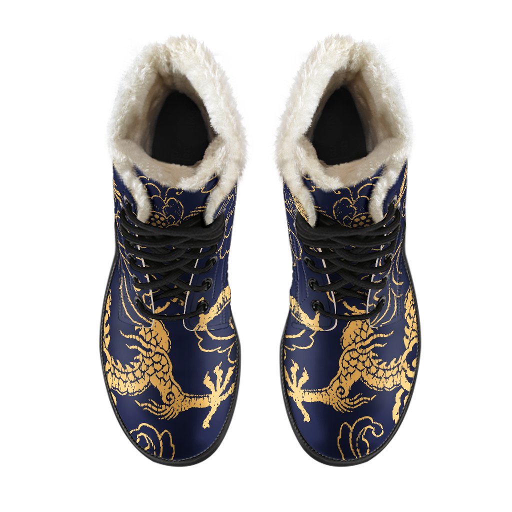 Gold Japanese Dragon Pattern Print Comfy Boots GearFrost