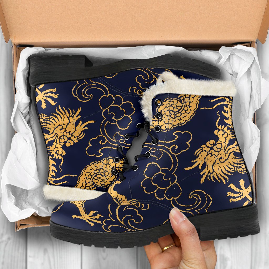 Gold Japanese Dragon Pattern Print Comfy Boots GearFrost