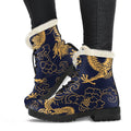 Gold Japanese Dragon Pattern Print Faux Fur Leather Boots