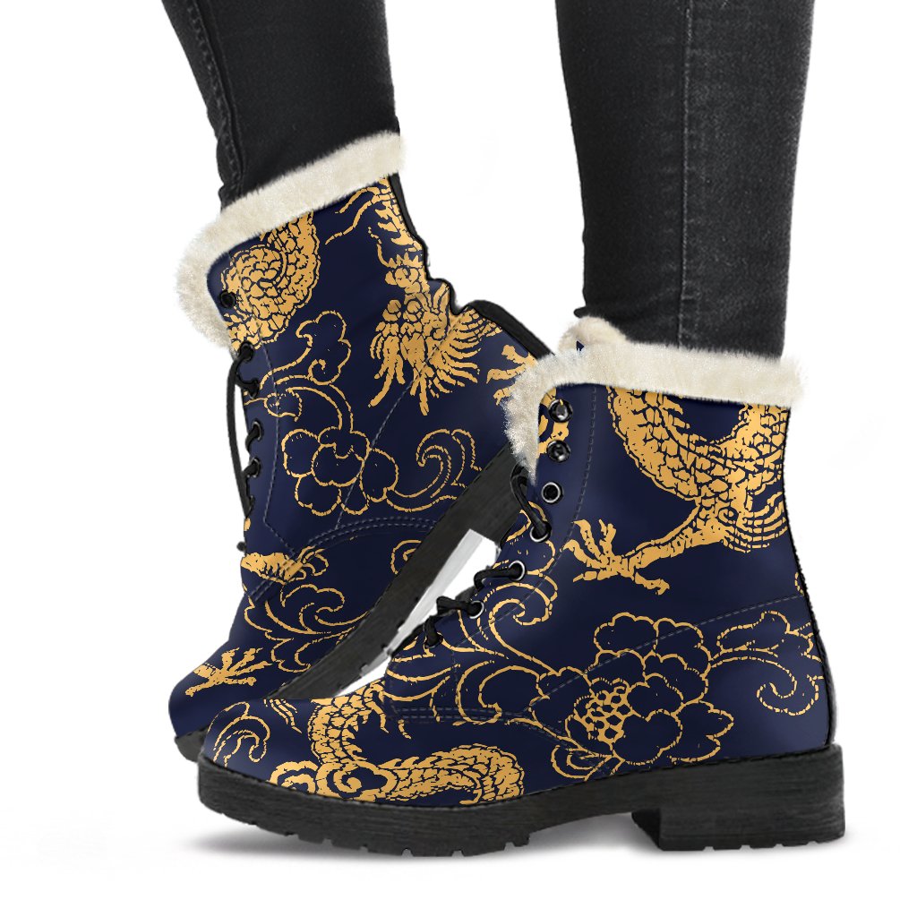 Gold Japanese Dragon Pattern Print Comfy Boots GearFrost