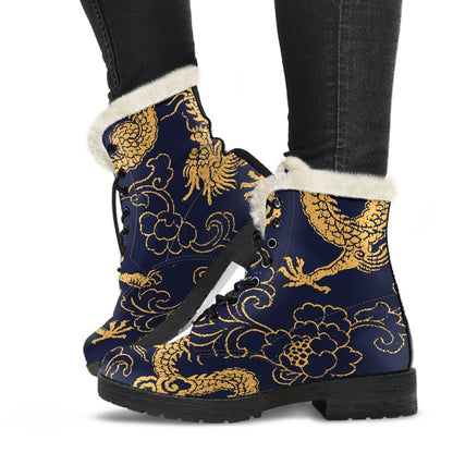 Gold Japanese Dragon Pattern Print Comfy Boots GearFrost