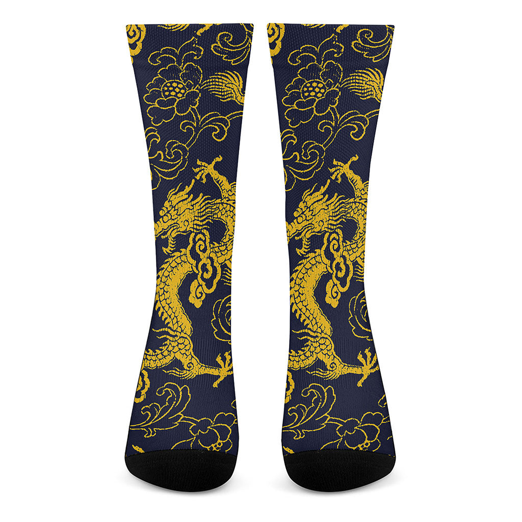 Gold Japanese Dragon Pattern Print Crew Socks