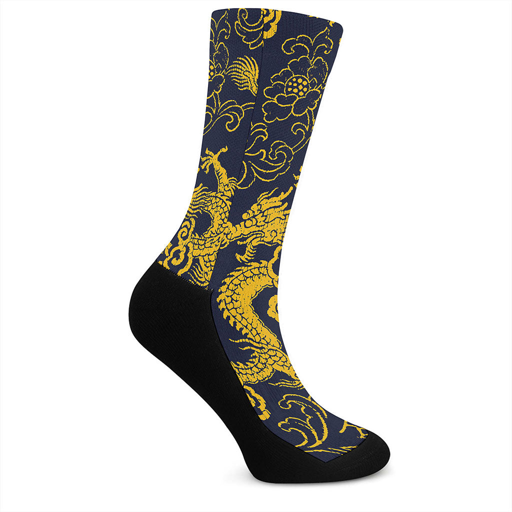 Gold Japanese Dragon Pattern Print Crew Socks