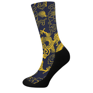 Gold Japanese Dragon Pattern Print Crew Socks