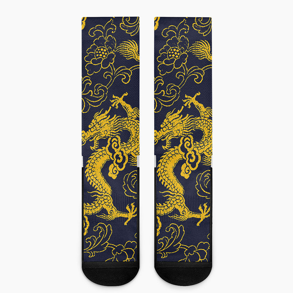 Gold Japanese Dragon Pattern Print Crew Socks