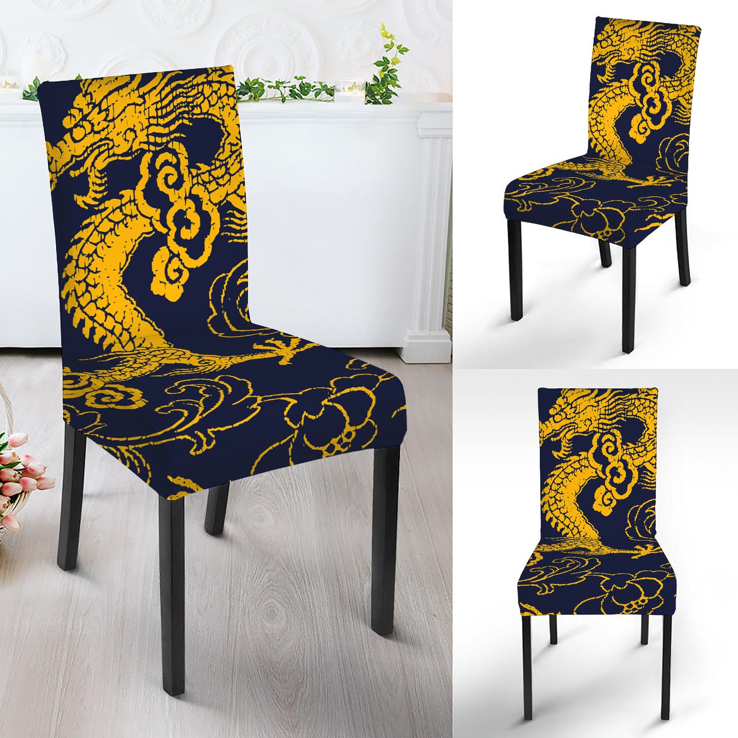 Gold Japanese Dragon Pattern Print Dining Chair Slipcover