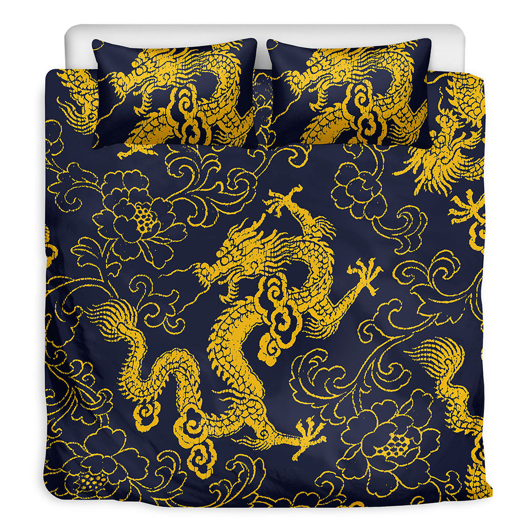 Gold Japanese Dragon Pattern Print Duvet Cover Bedding Set