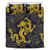 Gold Japanese Dragon Pattern Print Duvet Cover Bedding Set