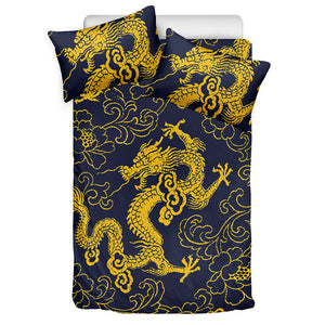 Gold Japanese Dragon Pattern Print Duvet Cover Bedding Set