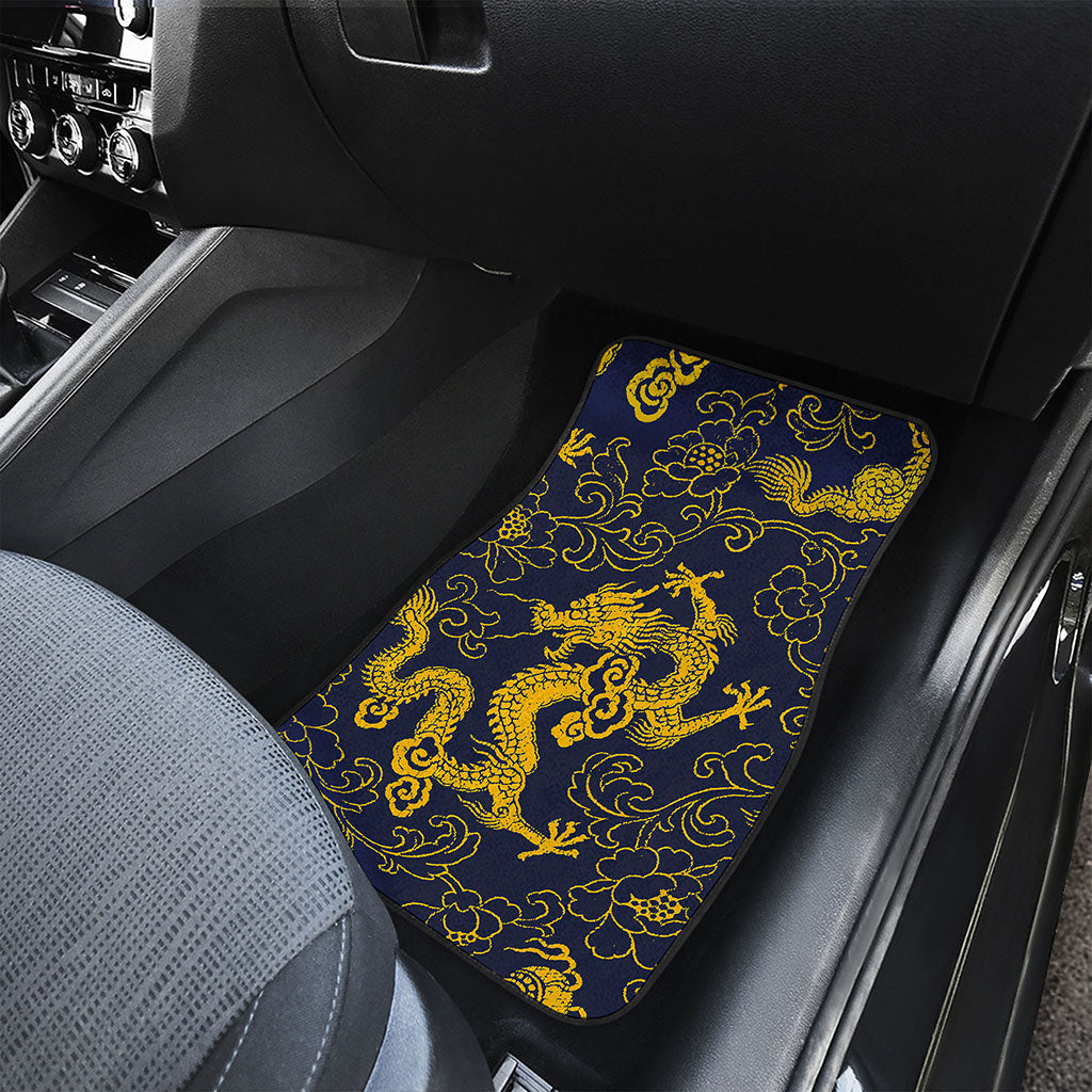 Gold Japanese Dragon Pattern Print Front and Back Car Floor Mats