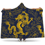 Gold Japanese Dragon Pattern Print Hooded Blanket