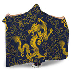 Gold Japanese Dragon Pattern Print Hooded Blanket