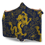 Gold Japanese Dragon Pattern Print Hooded Blanket