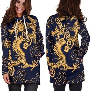 Gold Japanese Dragon Pattern Print Hoodie Dress GearFrost