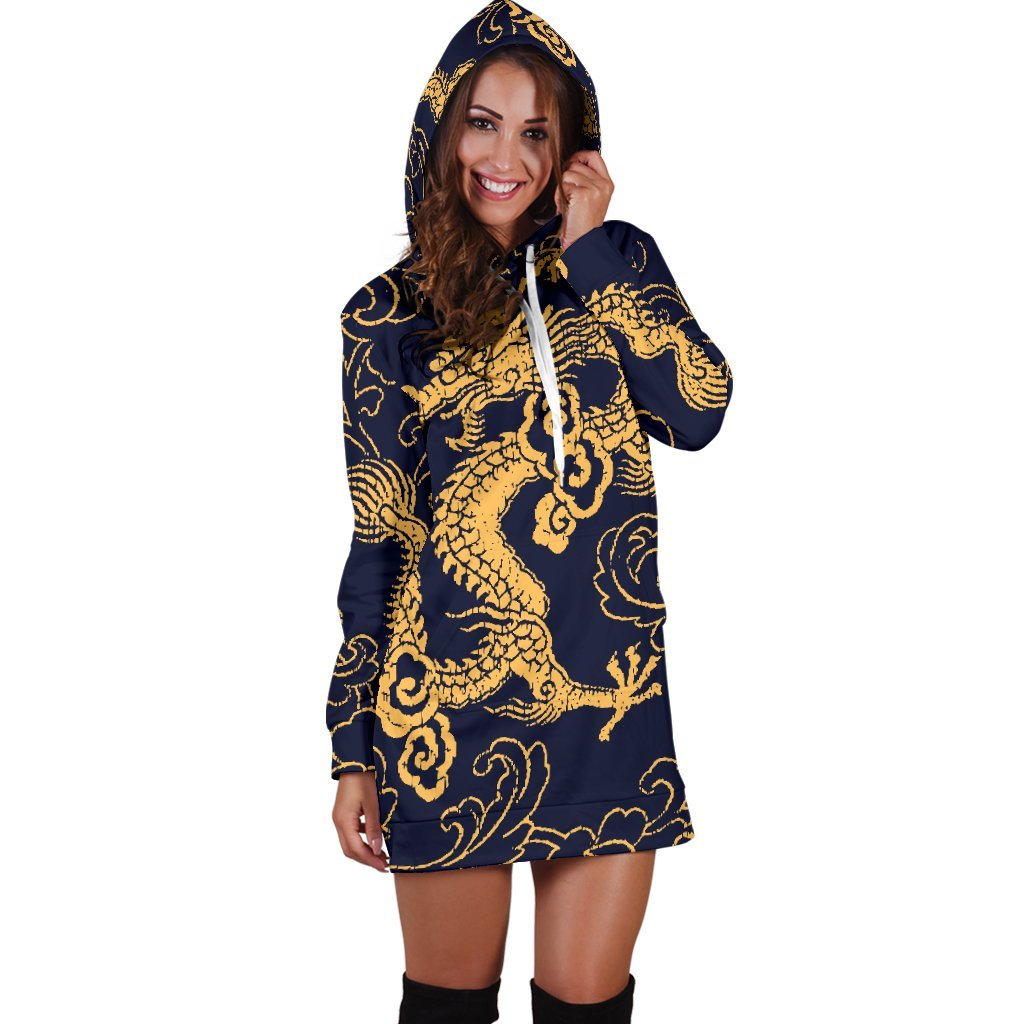 Gold Japanese Dragon Pattern Print Hoodie Dress GearFrost