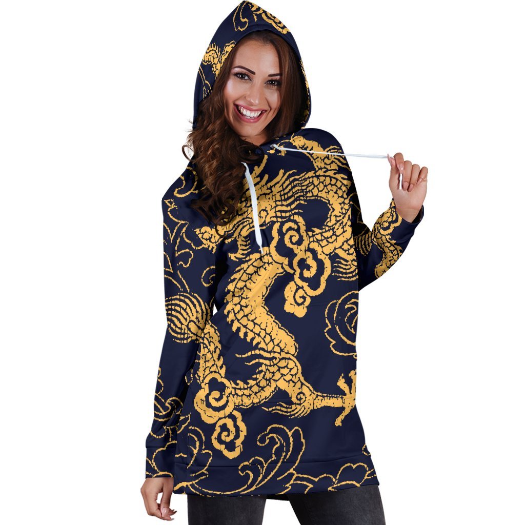 Gold Japanese Dragon Pattern Print Hoodie Dress GearFrost