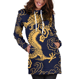 Gold Japanese Dragon Pattern Print Hoodie Dress GearFrost