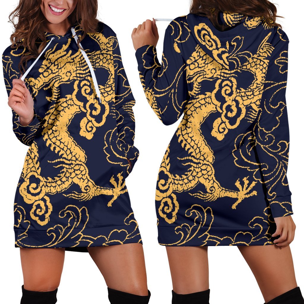 Gold Japanese Dragon Pattern Print Hoodie Dress GearFrost