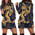 Gold Japanese Dragon Pattern Print Hoodie Dress GearFrost