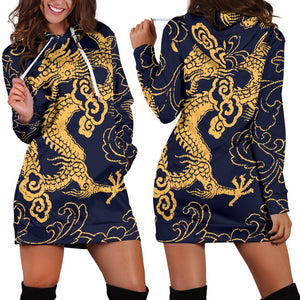 Gold Japanese Dragon Pattern Print Hoodie Dress GearFrost