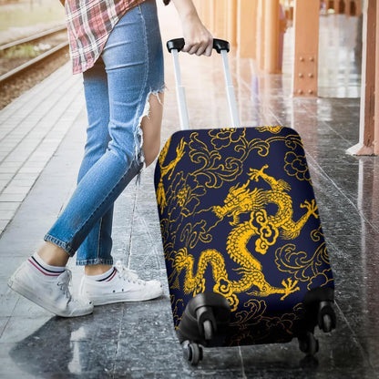 Gold Japanese Dragon Pattern Print Luggage Cover GearFrost