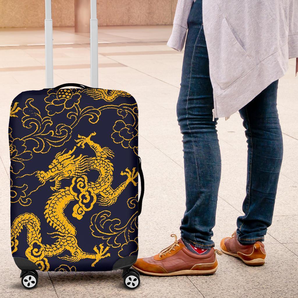 Gold Japanese Dragon Pattern Print Luggage Cover GearFrost