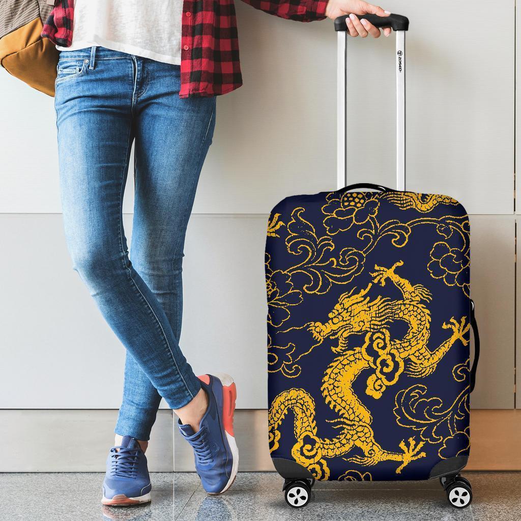 Gold Japanese Dragon Pattern Print Luggage Cover GearFrost