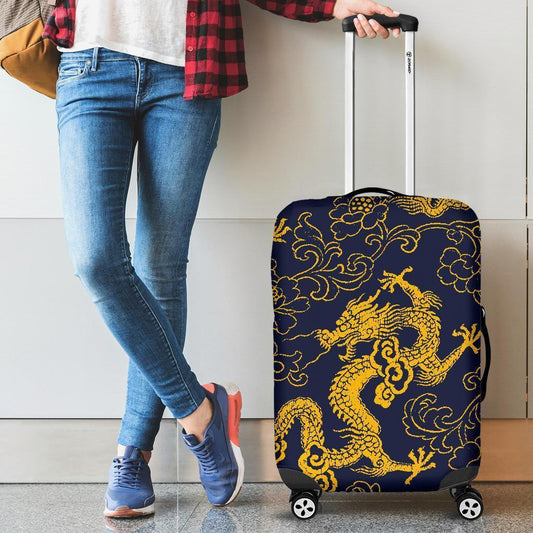 Gold Japanese Dragon Pattern Print Luggage Cover GearFrost