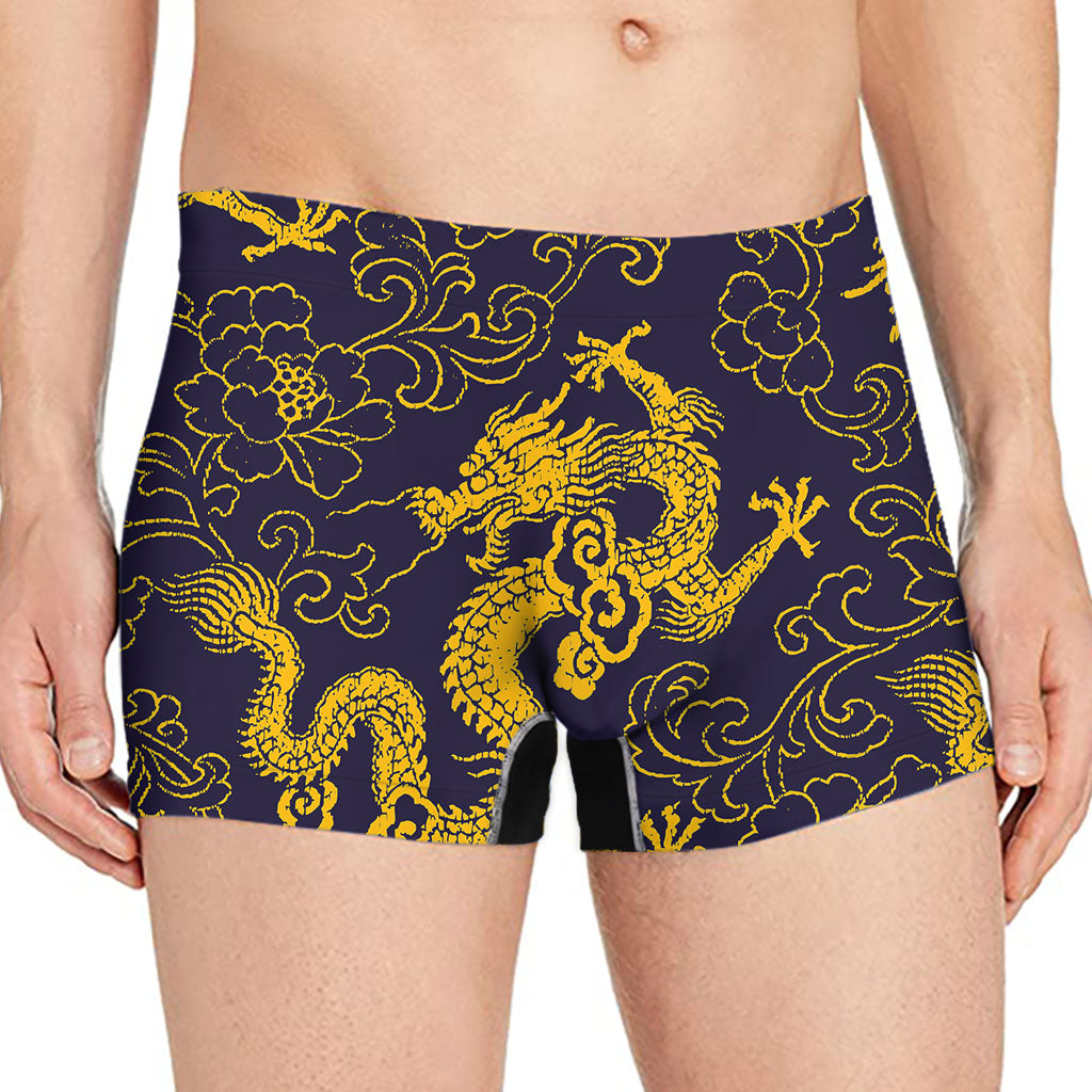 Gold Japanese Dragon Pattern Print Men's Boxer Briefs