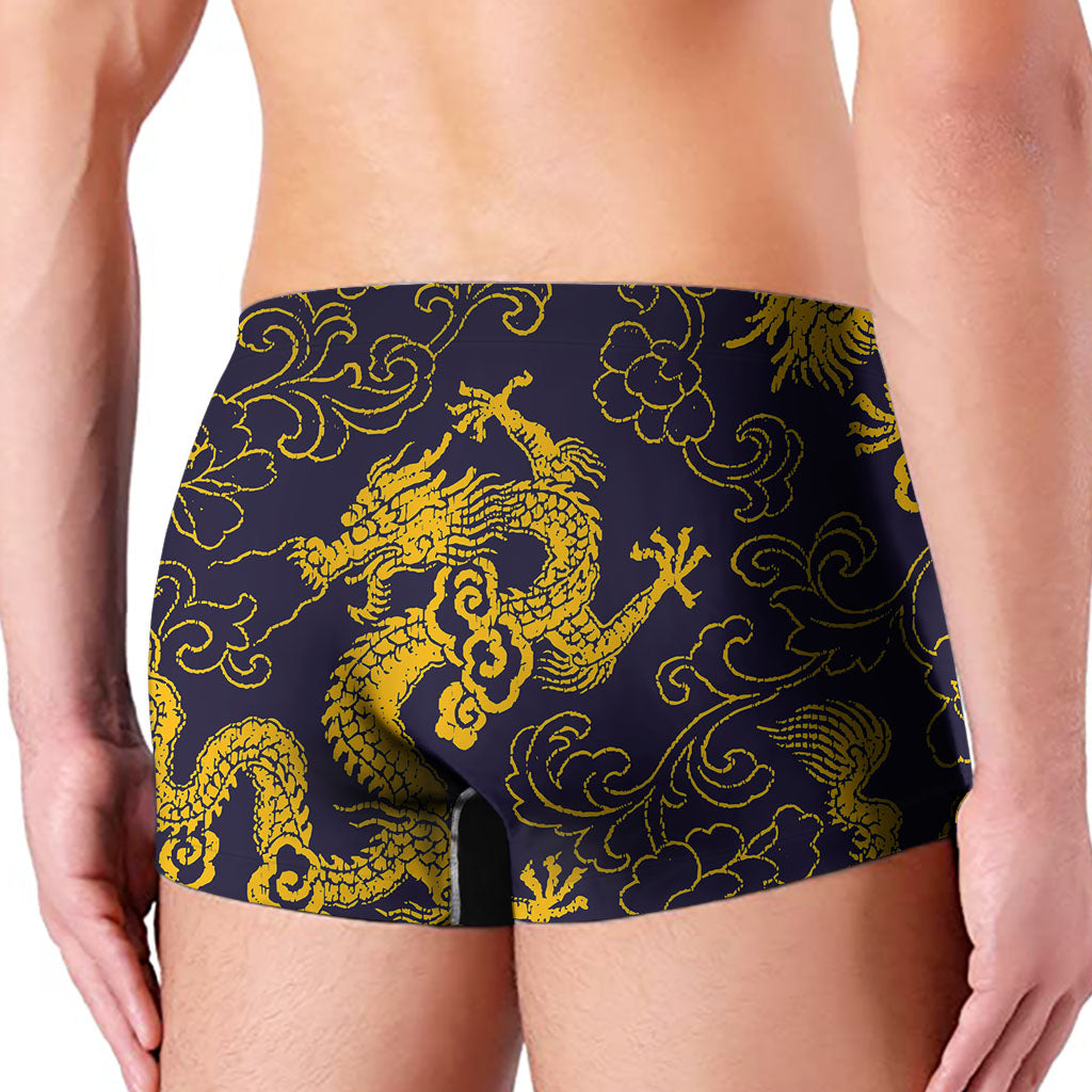 Gold Japanese Dragon Pattern Print Men's Boxer Briefs