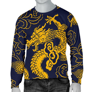 Gold Japanese Dragon Pattern Print Men's Crewneck Sweatshirt GearFrost