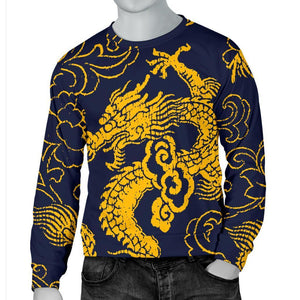 Gold Japanese Dragon Pattern Print Men's Crewneck Sweatshirt GearFrost