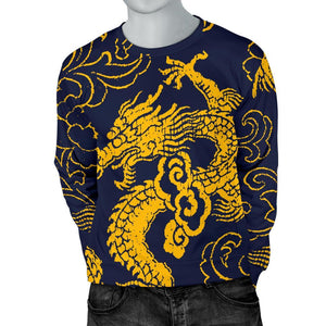 Gold Japanese Dragon Pattern Print Men's Crewneck Sweatshirt GearFrost